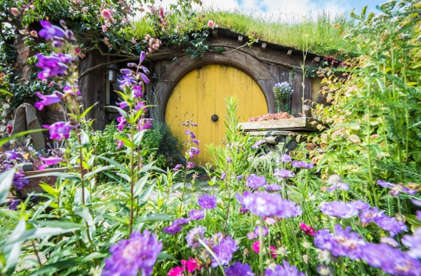 A hobbit hole behind all of the beautiful plants