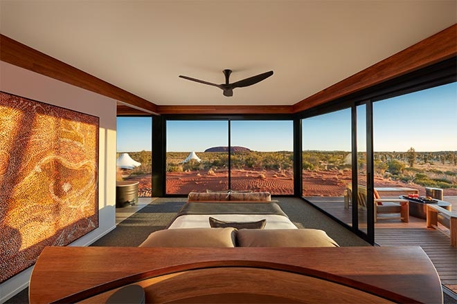 Rustic bedroom with a panoramic view of the sand dune