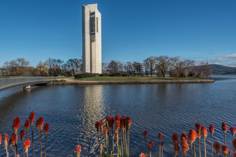 The National Carillon towers over Lake Burley Griffin in Canberra.