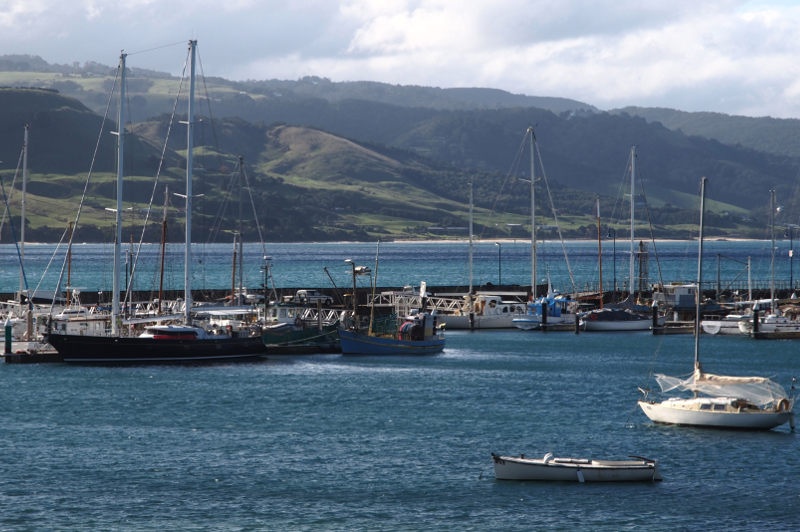 Boats of different colours and sizes flock the crystal blue water of Apollo Bay