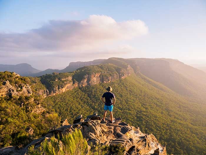 man hiking in blue mountains australia