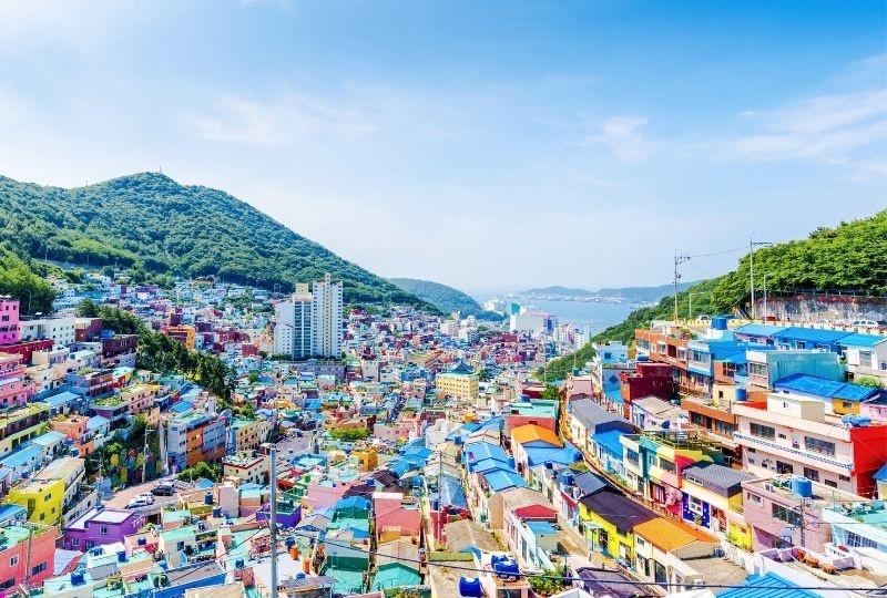 View from above of the colourful buildings of Busan, South Korea