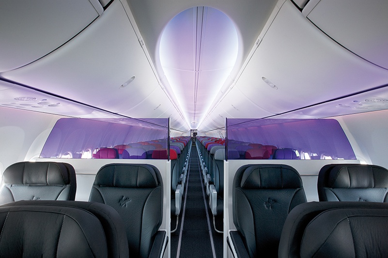 View from Business class to Economy cabin on Virgin Australia plane