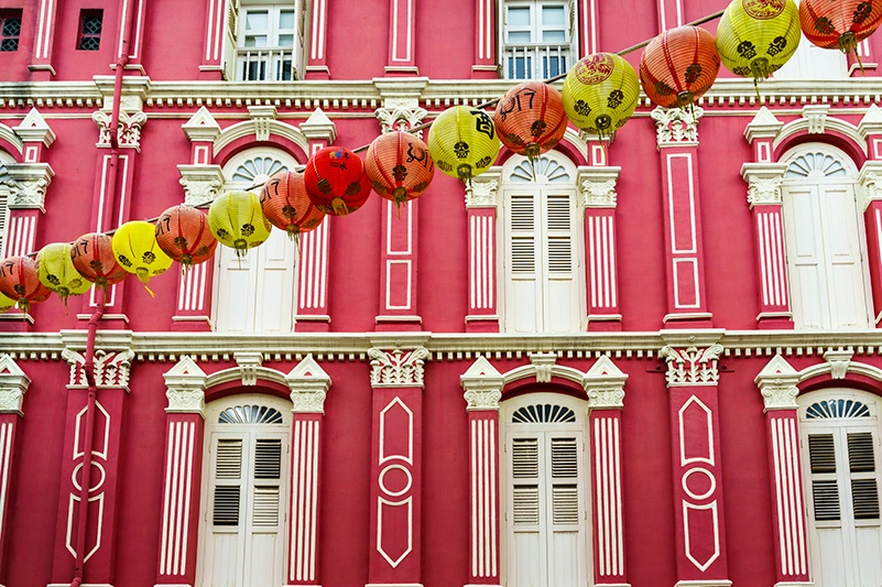 Colourful shophouses in Singapore's Chinatown neighbourhood 