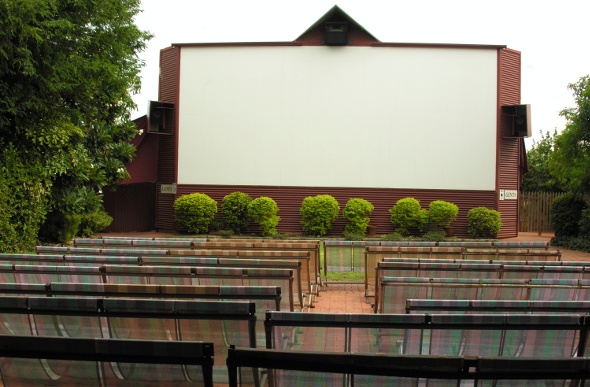 Outdoor cinema with coloured seats