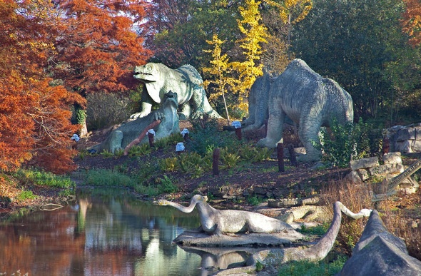 Huge dinosaur monuments at the Crystal Palace Park