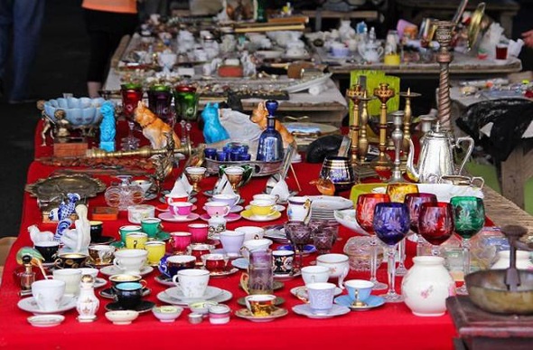  cups and saucers, wine glasses and candle holders are among the wares at Ferikoy Flea Market in Istanbul 