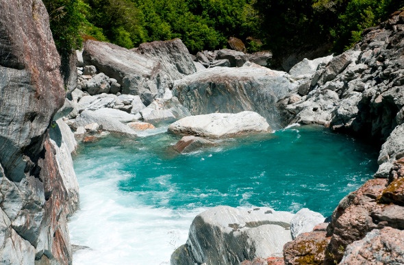 Icy water of the Blue Pools located along the Haast Pass