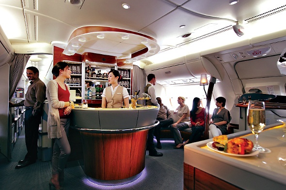 Flight passengers making use of the onboard bar