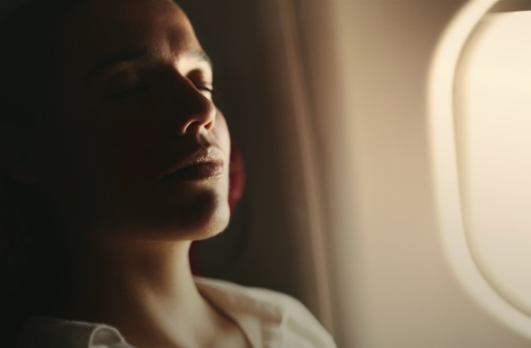 Sleeping passenger sat on a window seat in an airplane