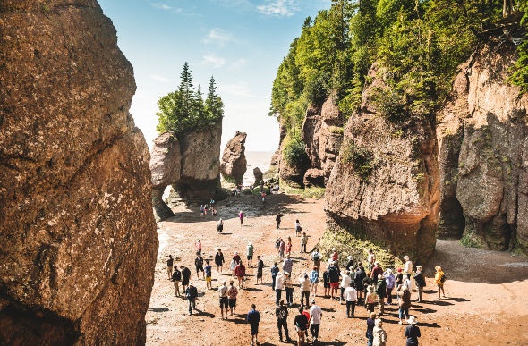 People look at Hopewell Rocks at the Bat of Fundy at low tide