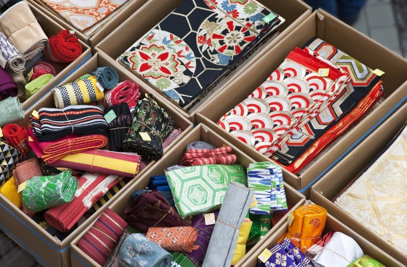 Antiques and collectables such as colourful kimono fabrics are available for sale at Tokyo's flea markets