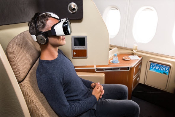 First-class passenger wearing a virtual reality headset