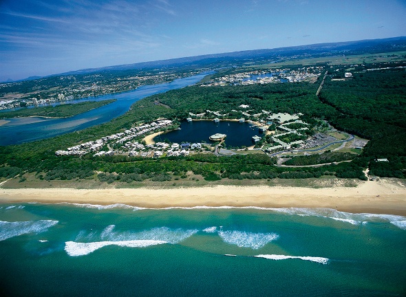  aerial view of the cerulean waters of the Sunshine Coast novotel twin towers