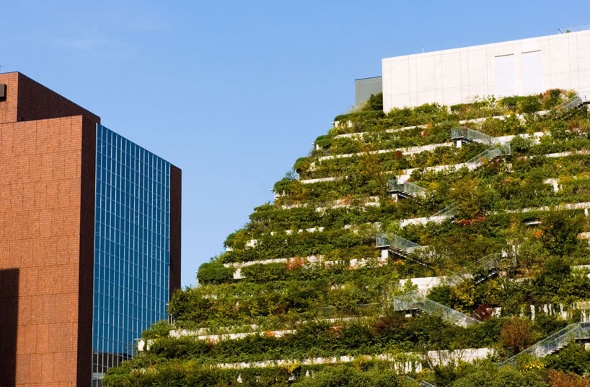 Greeneries surrounding the sustainable ACROS Fukuoka building