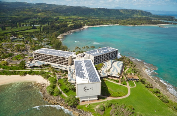 An aerial shot of Turtle Bay Resort shows the three wings of the hotel