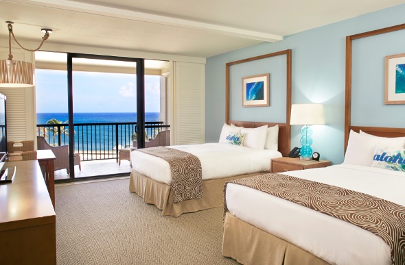 The rooms at Turtle Bay Resort have queen beds, ocean views and a balcony