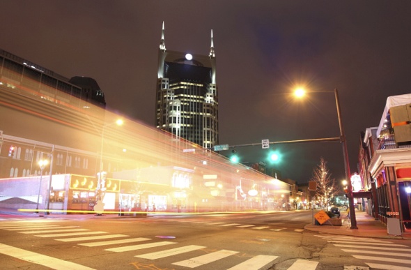 Lights at a Nashville intersections at night 