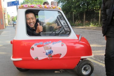  Anh Do posing in a Peel car