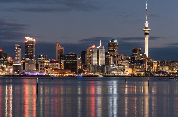  A view of Auckland city at night across the harbor