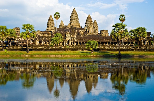 Lake mirroring the Angkor Wat temple in Cambodia
