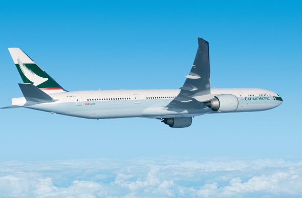  Cathay Pacific plane in the air 