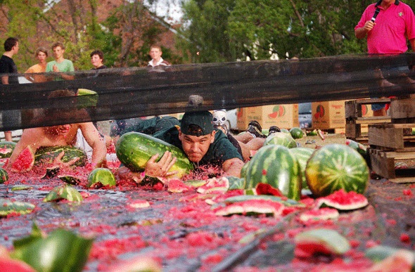 Man competing in the Chinchilla Melon Festival