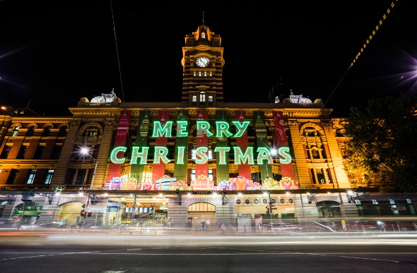 Merry Christmas Decoration outside a huge building