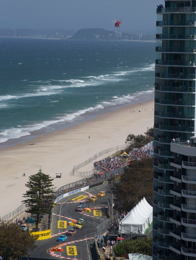 Helicopter capturing the top view of the race in the Supercars Championship