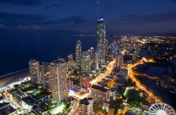  Aerial view of Gold Coast high-rises at night 
