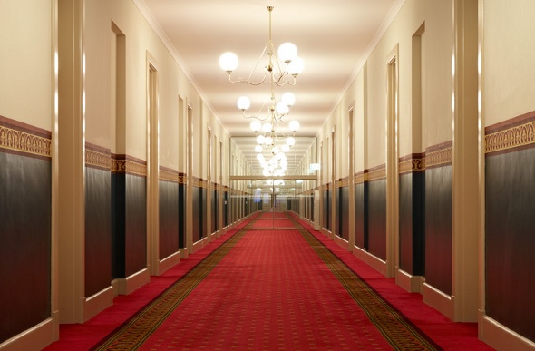 Red carpet in the corridor of Grand Hotel Melbourne
