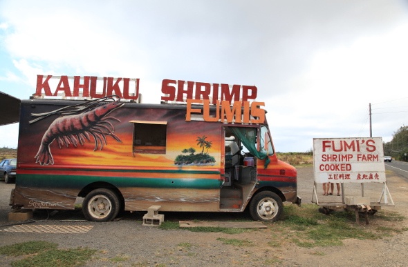 Orange and brown shrimp food truck 