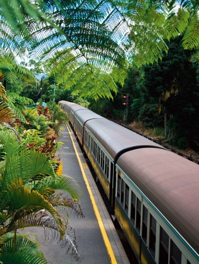 Train in Kuranda Scenic Railway shot from above