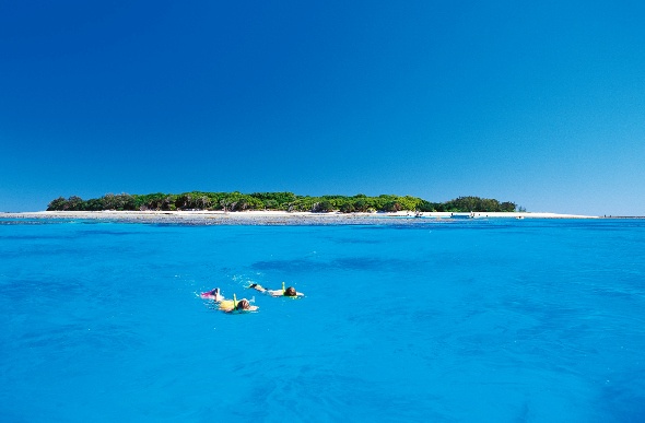 Two tourists snorkeling at the ocean with an island on the background