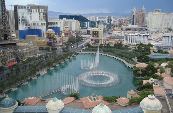  Ariel view of the Bellagio Fountain and surrounding buildings in Las Vegas  