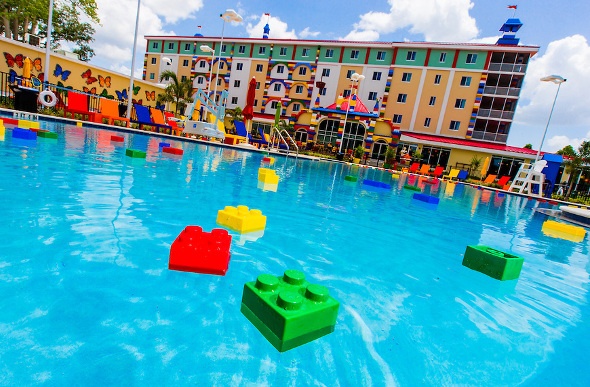 Colorful Lego bricks floating in the pool at the Legoland Hotel