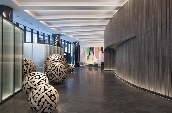  Metropol lobby adorned with enormous black and white ball ornaments