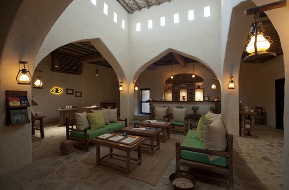 The spa reception area at the Six Senses Zighy Bay in Oman invites relaxation.