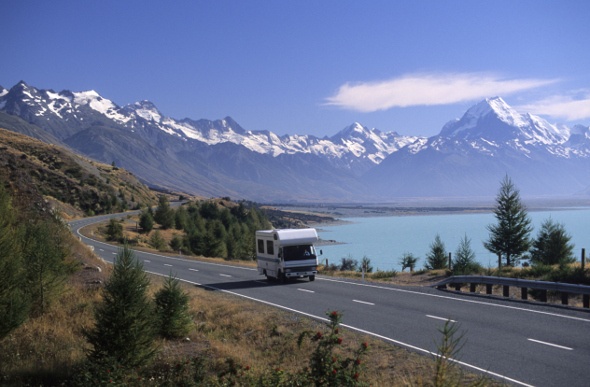  a mortorhome travelling through the streets near Mount Cook and Lake Pukaki