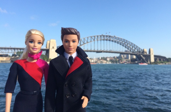 Two Qantas barbie dolls on the Sydney Harbour