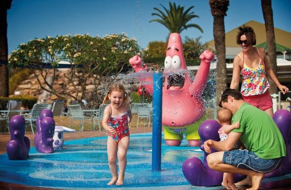  a family enjoying in a SpongeBob-themed resort
