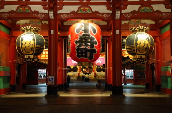 Three huge lanterns in Sensō-ji Temple, Buddhist temple in Tokyo, Japan