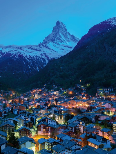 The Swiss town of Zermatt, with the Matterhorn in the background.
