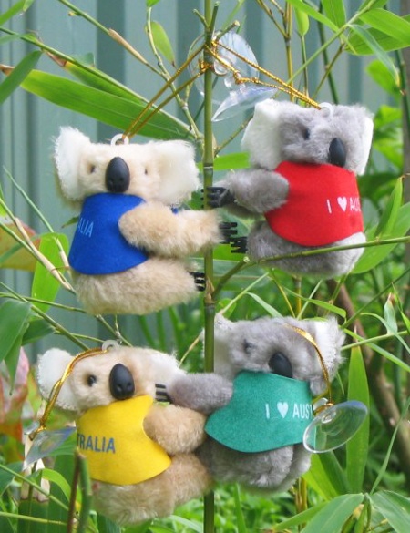 Mini koala keychains displayed on a plant