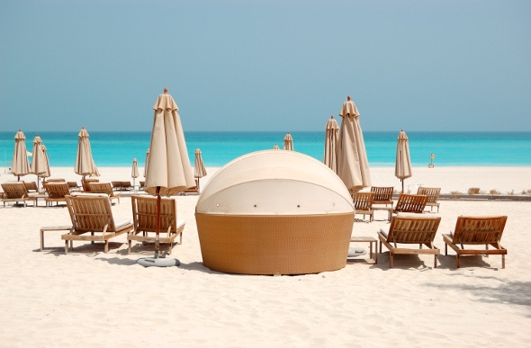 Beachside seat, tent and umbrella at Yas Island in Abu Dhabi