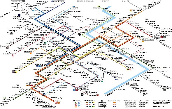  Colour-coded map of the Stuttgart public transportation system