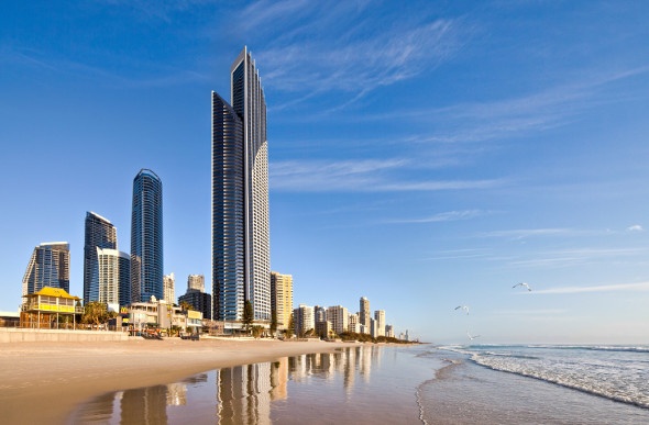  the towering buildings on the shore of a beach in the Gold Coast