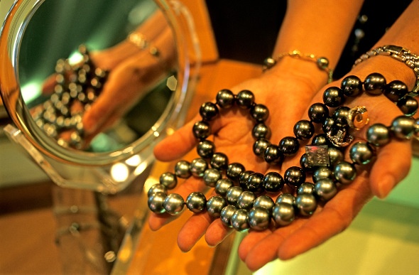 A necklace of black pearls in Tahiti.