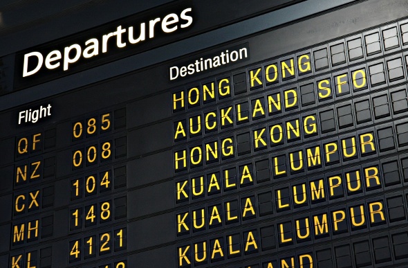  LED board showing scheduled flights for departure