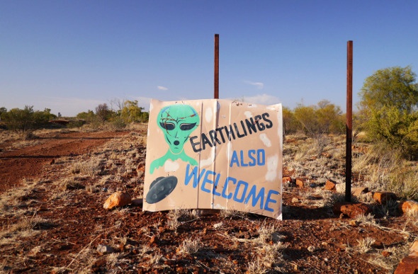 One of the abandoned place in Australia, showing a banner with a Alien face
